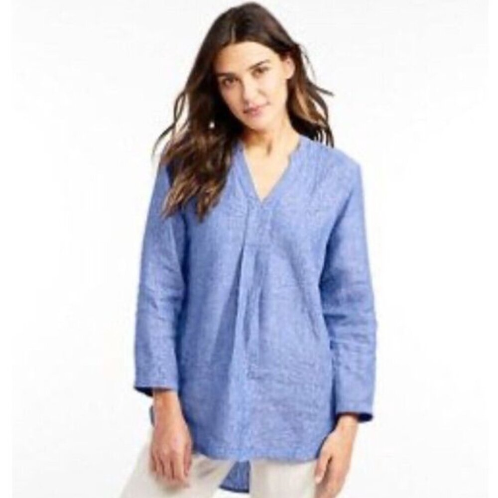 LL Bean Splitneck Summer Blue Chambray Linen Tunic, MP